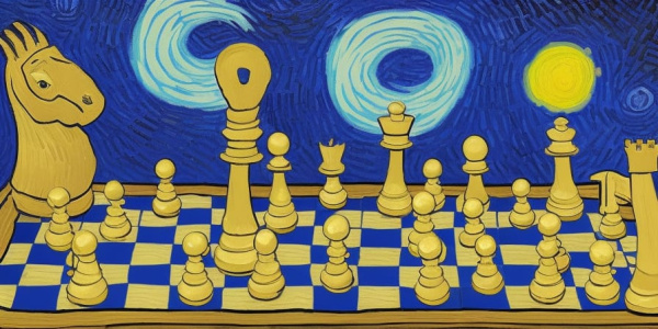 partie šachu ve stylu Van Gogha, vygenerováno pomocí AI na https://nightcafe.studio/